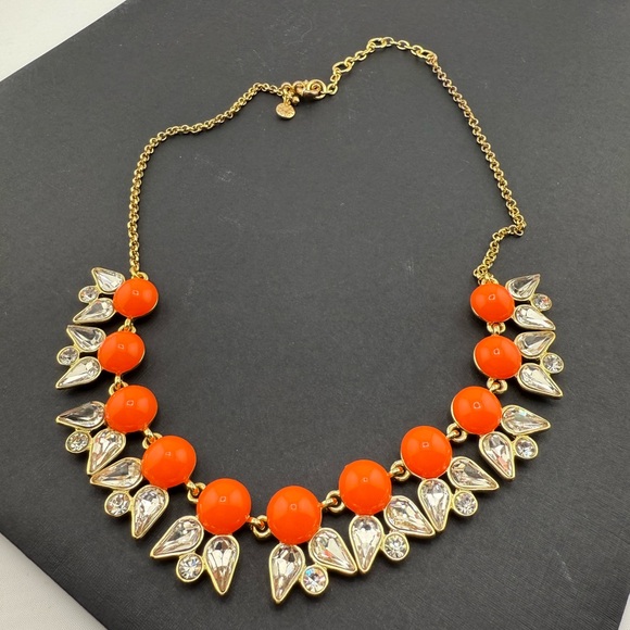 J. Crew Coral Enamel Stones and Glass Rhinestones Statement Gold Tone Necklace - Picture 8 of 8